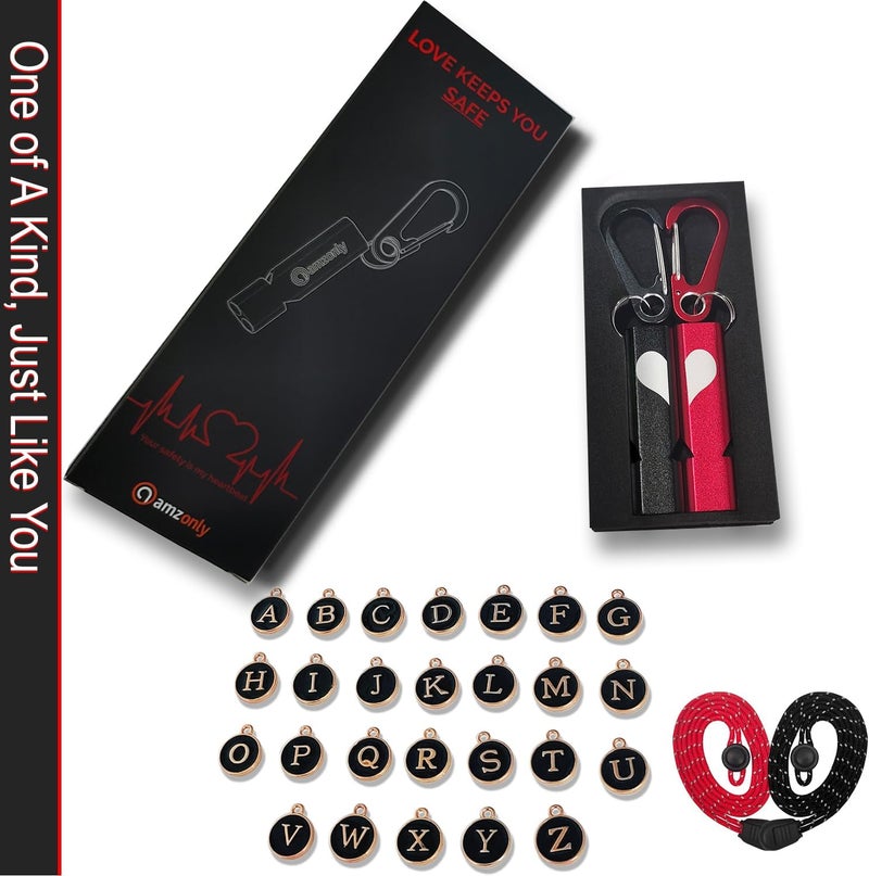 Amzonly Heart-Engraved Aluminum Emergency Whistles for Her/Him, A Pair of Custom-Initialed Whistles with Keychains and Neck Lanyards, for Lifeguard, Coaching, Hiking, EDC Outdoor, Sports, Multi Color - Image 2